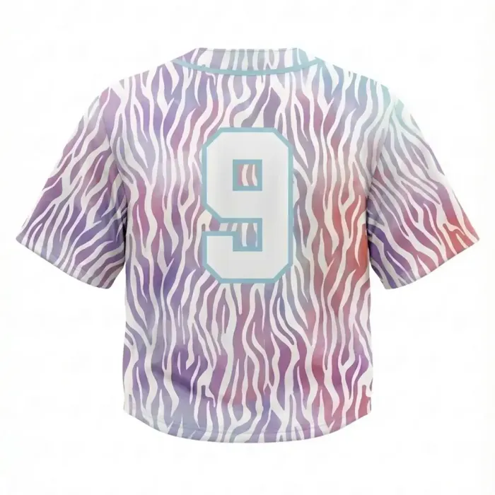 Back view of tonton custom pastel zebra pattern baseball crop jersey with large number 9.