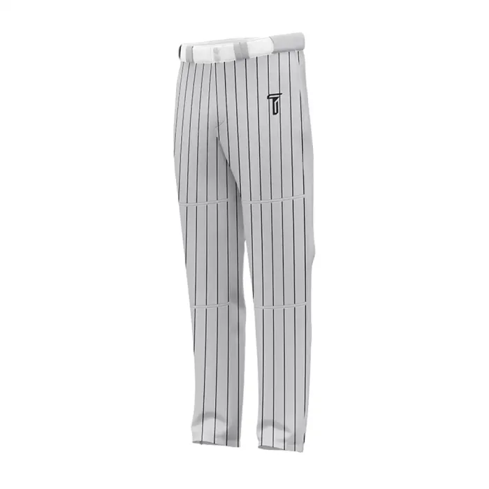 Front view of tonton custom grey baseball pants with black vertical pinstripes and white waistband.