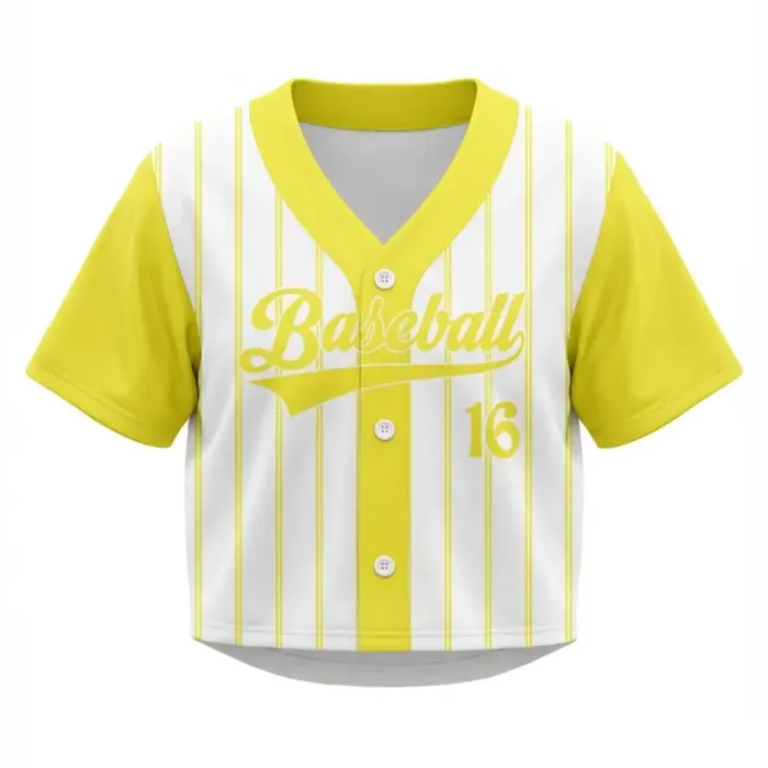 Front view of tonton custom yellow and white pinstripe baseball crop top with "Baseball" script.