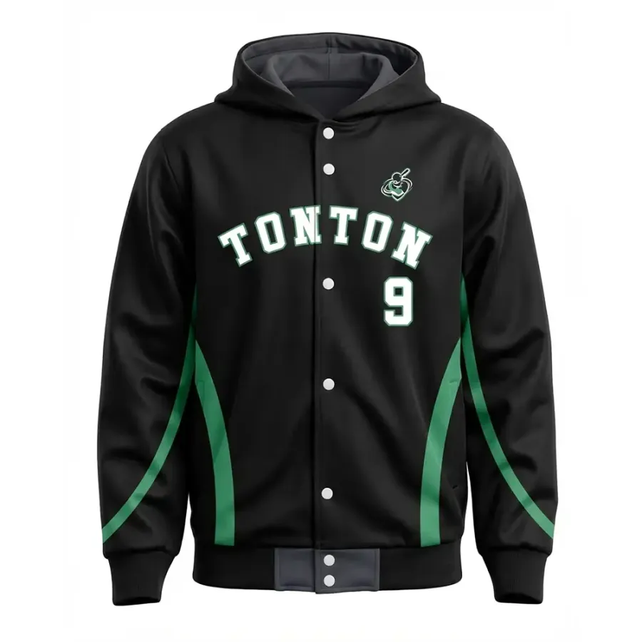 TONTON-Slim-Fit-Baseballjacke in Schwarz und Grün mit Kapuze – moderne, athletische Sublimations-Jacke für maximale Leistung