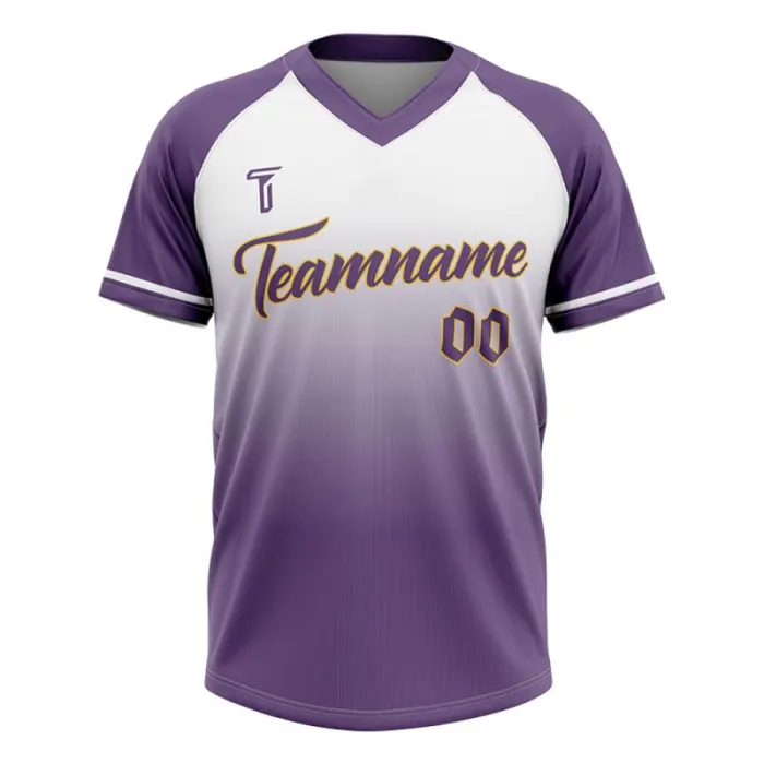 Front view of tonton purple to white gradient V-neck baseball jersey featuring custom team name.