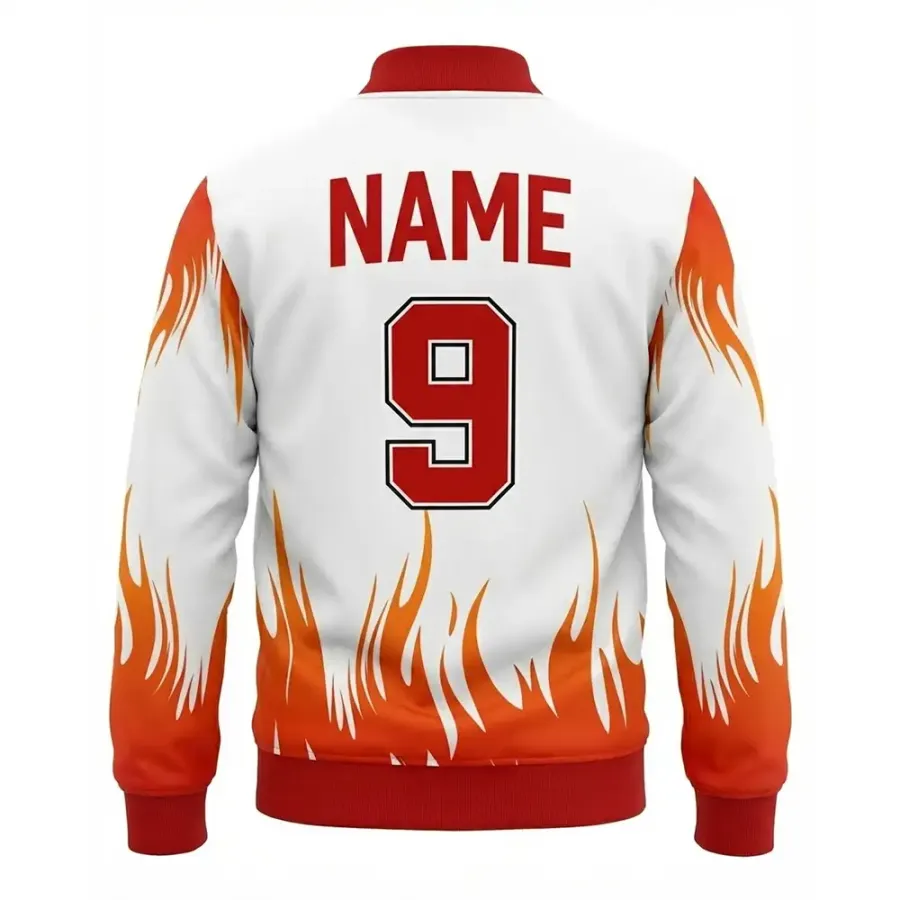 Tonton Bold Fire Flame Graphic Varsity Jacket - Kākahu Whakahaere Tiriti Māwhero me te Mā