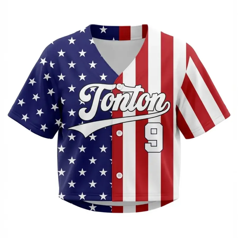 Tonton Patriotic American Flag Cropped Baseball Jersey - Red White and Blue Stars & Stripes