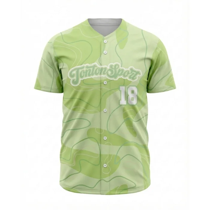 Tonton lime green baseball jersey with wavy camo pattern and script Tonton Sport logo.