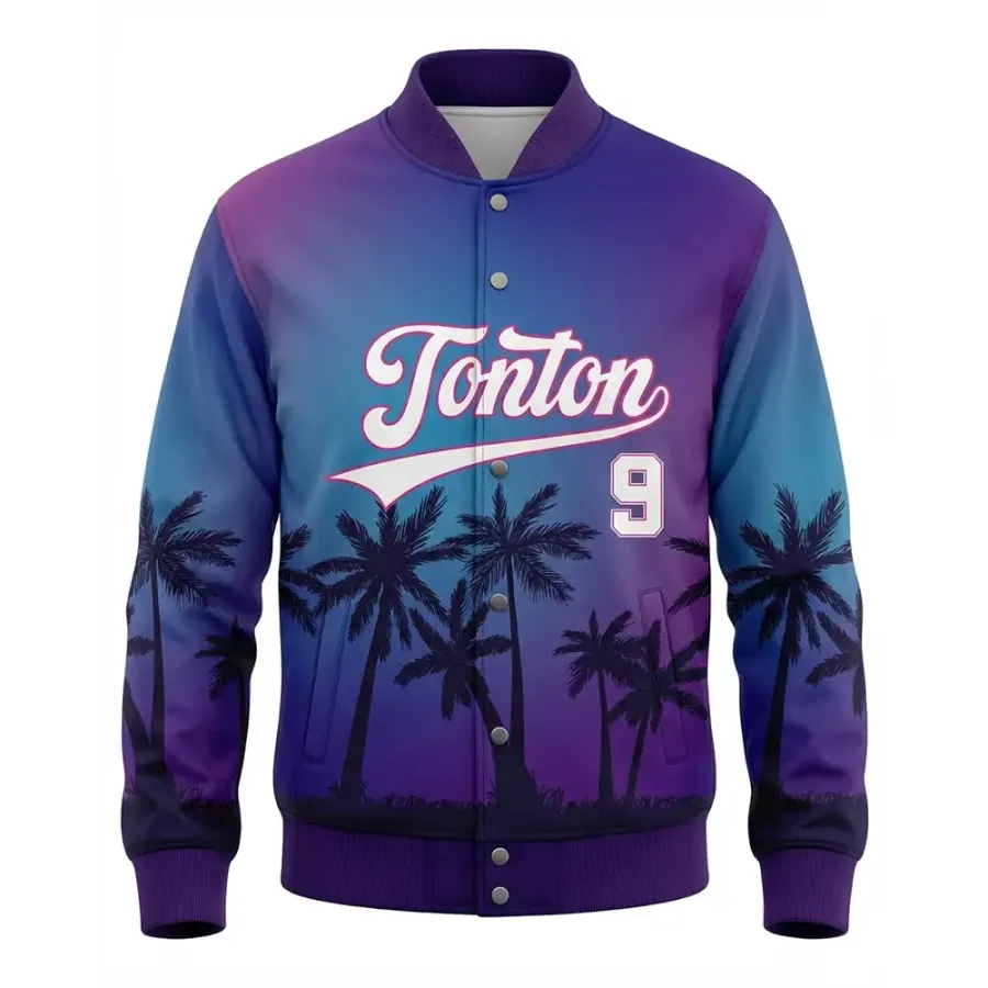 TONTON Tropical-Sunset-Gradient-University-Jacke – individuell sublimierte Baseballjacke mit Palmen-Silhouette
