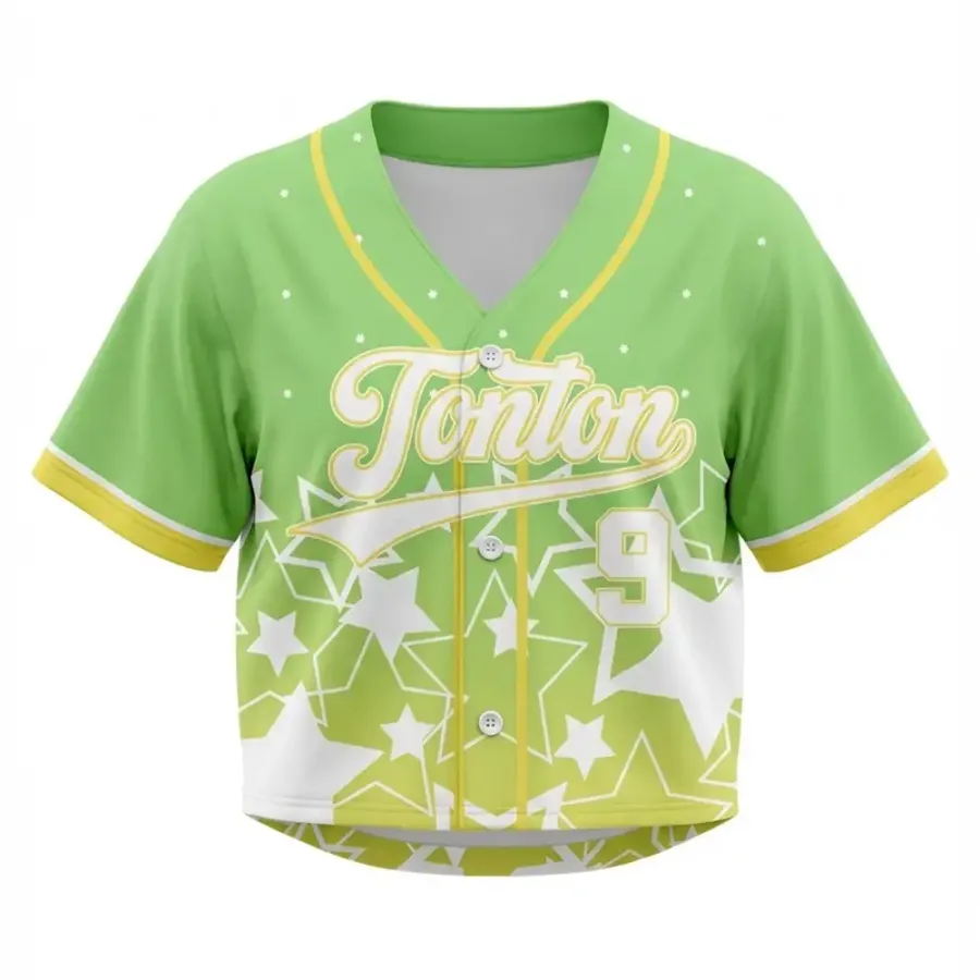Tonton Vibrant Lime Green Cropped Baseball Jersey featuring Star Pattern & Neon Accents