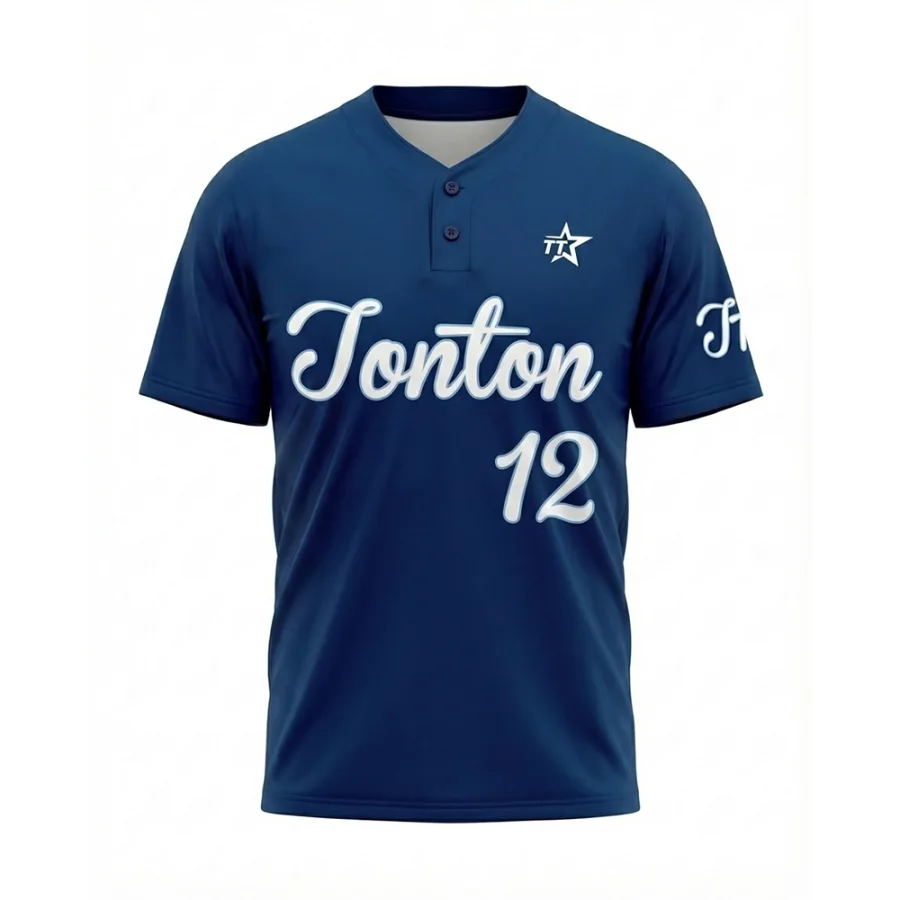 Maglia da baseball Tonton minimalista in blu navy con due bottoni – T-shirt premium sublimata ad alte prestazioni