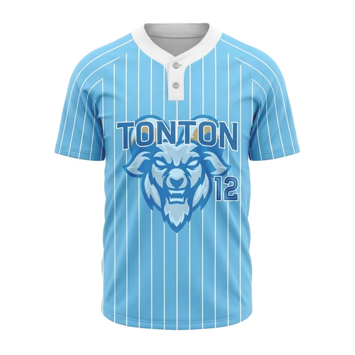 Front view of tonton sky blue pinstripe baseball jersey featuring a ram mascot logo.
