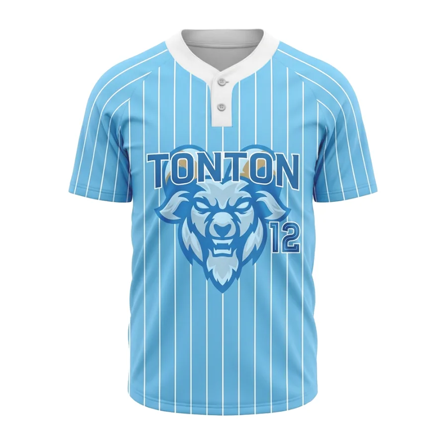 TONTON tilpasset baseballtrøje med striber og to knapper – lyseblå holdtøj med ramme-mascottegrafik