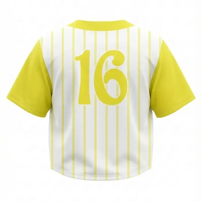 Back view of tonton yellow pinstripe custom baseball crop jersey with player number 16.
