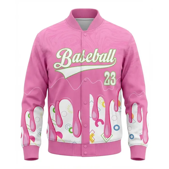 Front view of tonton pink and white baseball jacket with creative dripping paint effect design.