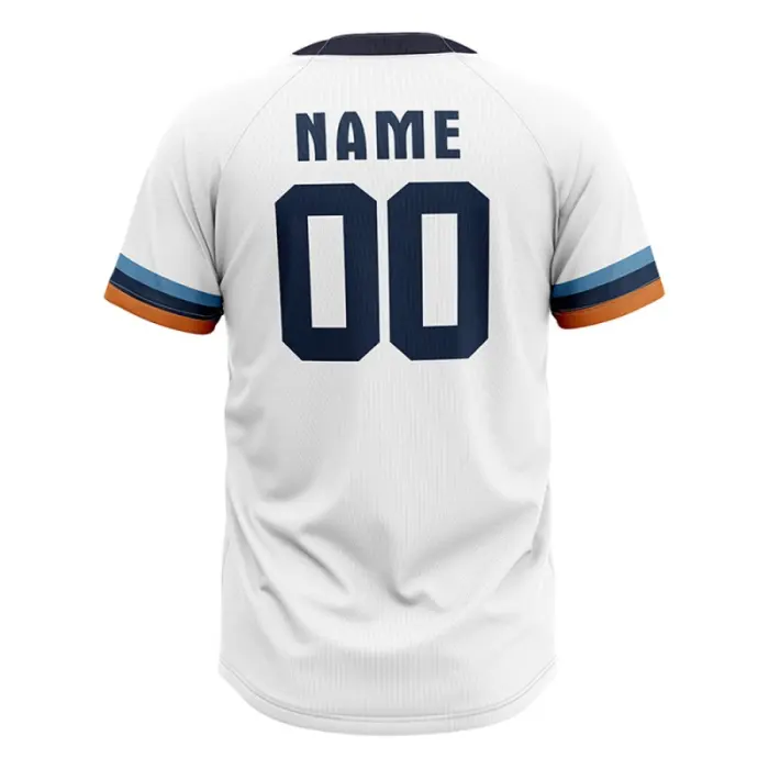 Back view of tonton white custom practice jersey featuring navy raglan sleeves and number 00.