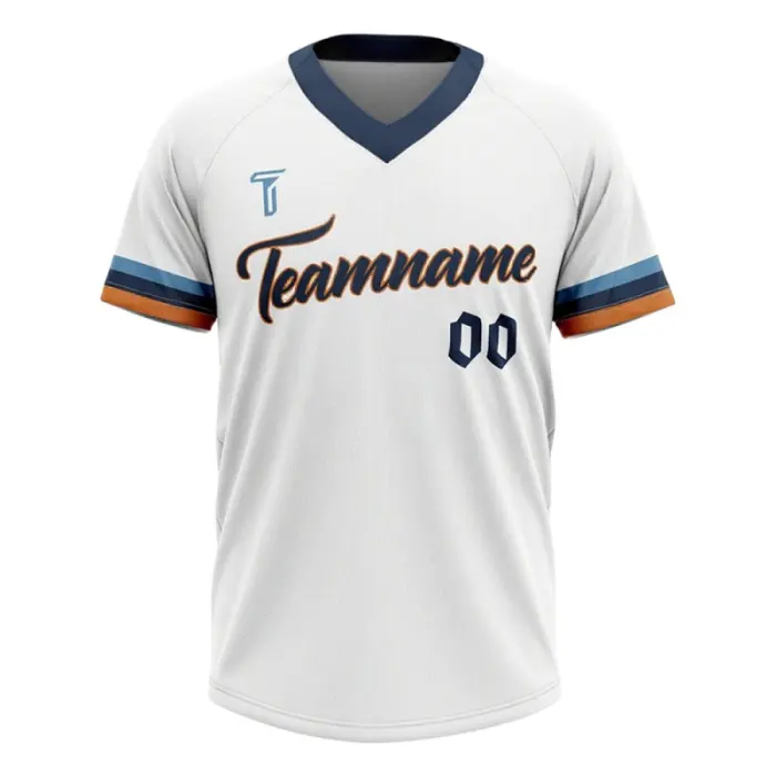 Front view of tonton white and navy V-neck baseball jersey with orange and blue striped sleeve cuffs.