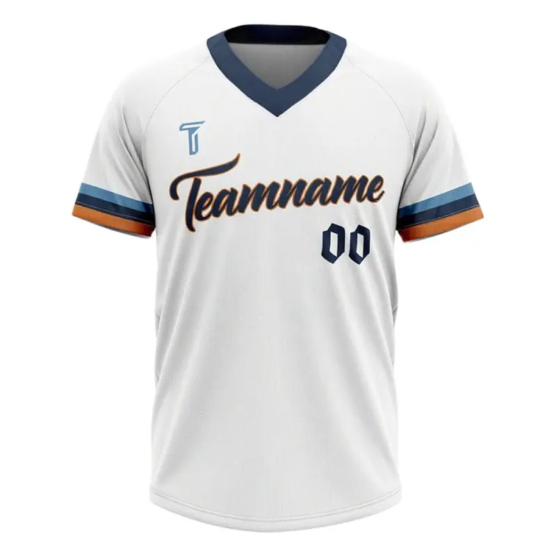T-shirt da baseball Tonton Classic bianco con maniche a raglan e polsini a righe blu e arancione – abbigliamento sportivo personalizzato traspirante