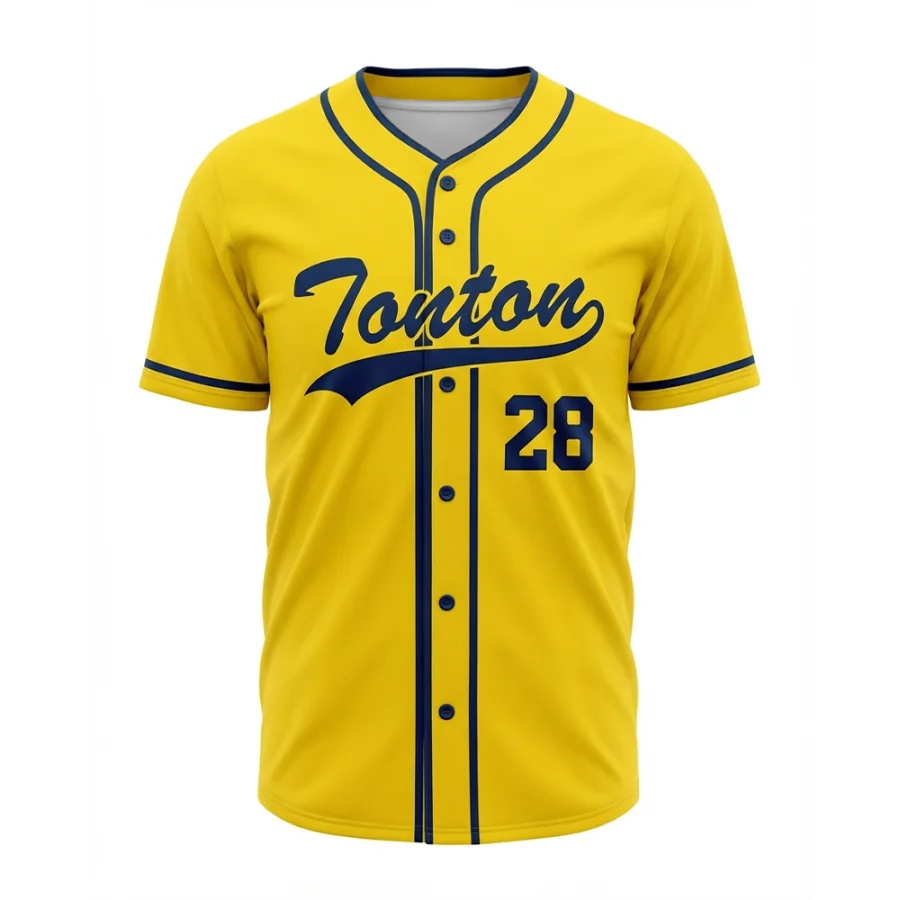 TONTON Classic Athletic Gelb – Baseballtrikot mit kräftiger Marineblauer Paspelierung und individuellen Spielernummern