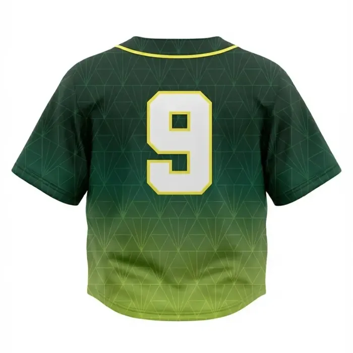 Back view of tonton dark green custom baseball crop jersey featuring yellow piping and number 9.