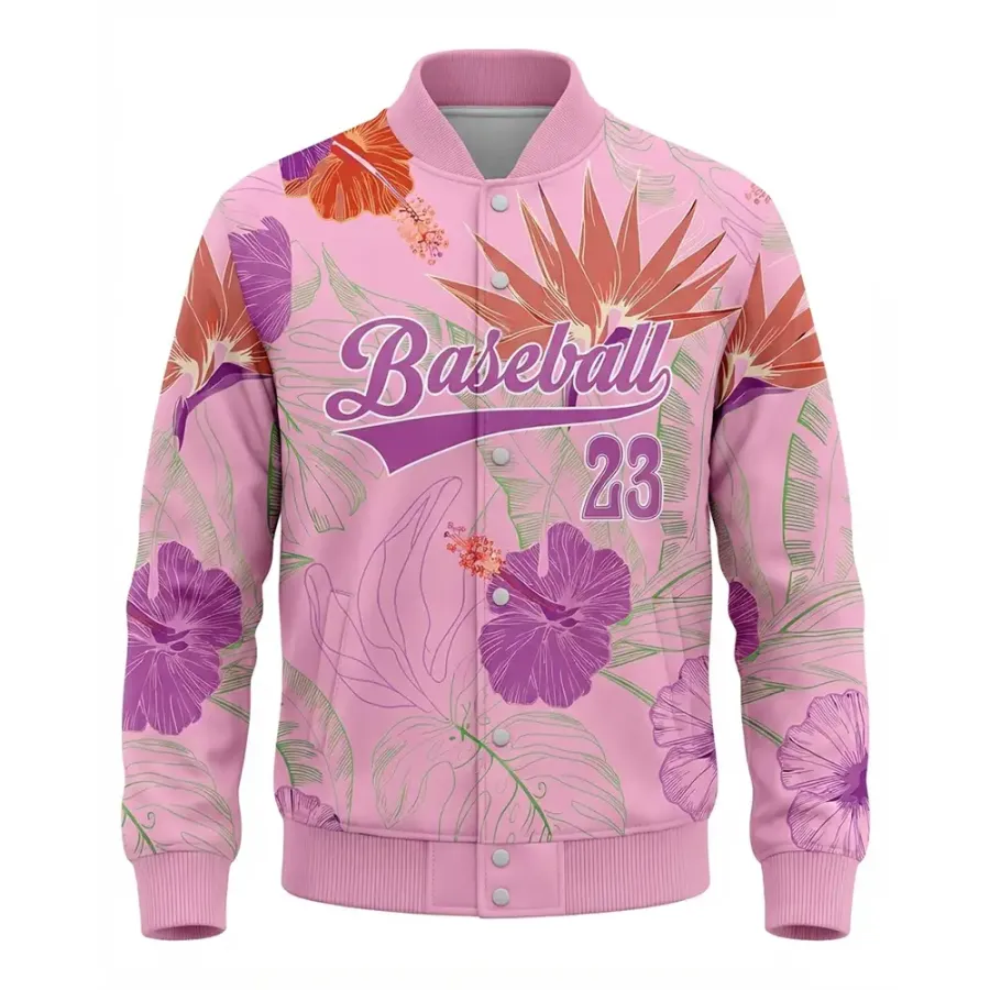 TONTON-Tropischer Blumen-Baseballjacke mit Hibiskus-Motiv – Pastellrosa, individuelles botanisches Muster, Varsity-Style