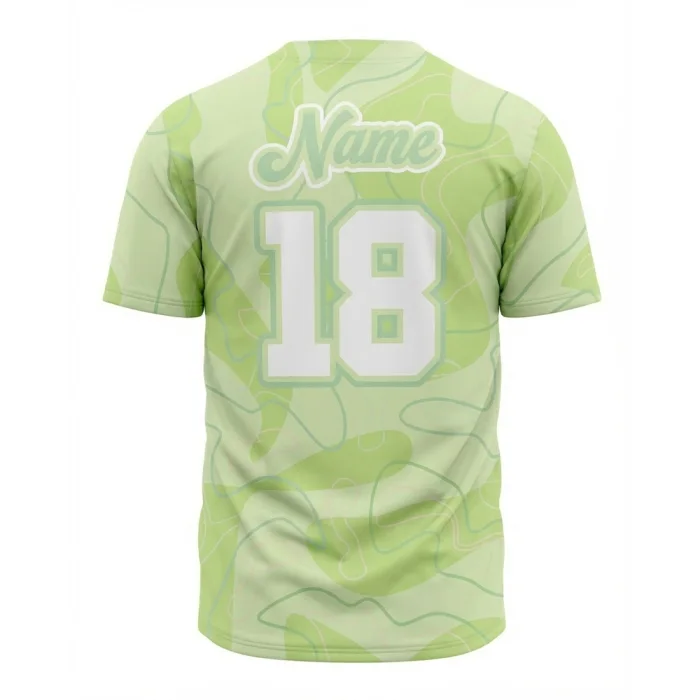 Back of Tonton lime green wavy pattern baseball jersey with white Name and number 18.