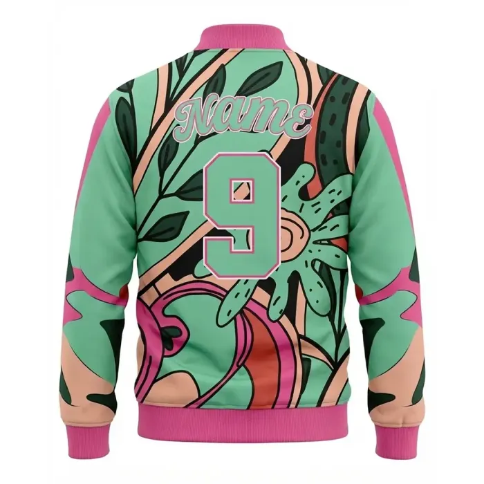Back view of tonton artistic floral print baseball jacket with player name and number 9.