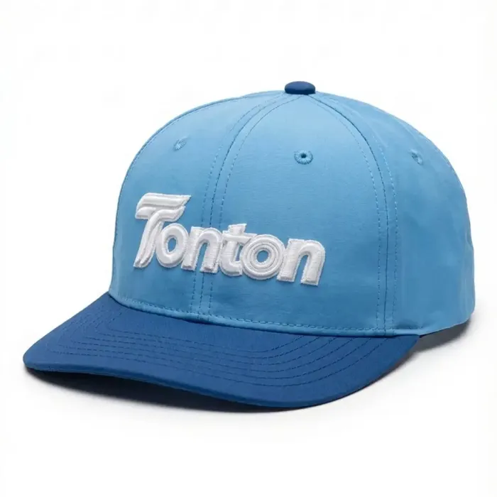 Front view of tonton custom sky blue and royal blue snapback cap with 3D white embroidered logo.