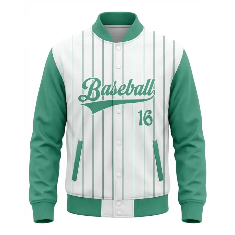 TONTON Traditioneller grüner Nadelstreifen-Baseballjacke – klassische sublimierte Weiß-Grün-Varsity-Outerwear