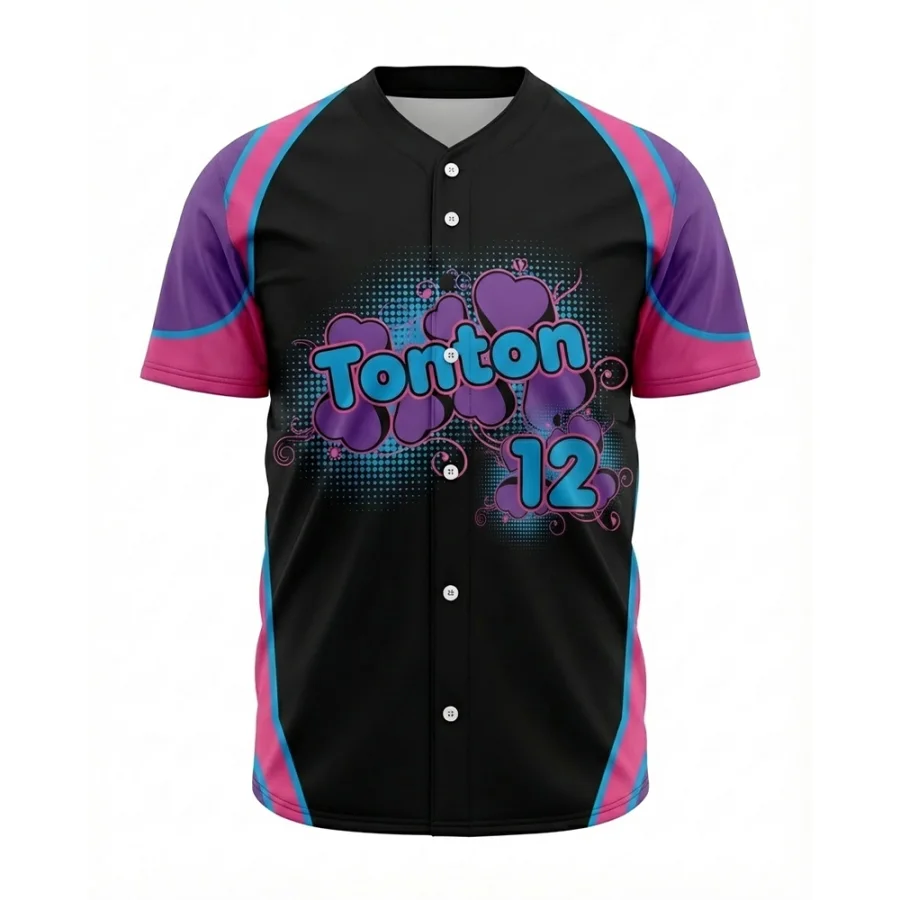 TONTON kunstnerisk baseballtrøje i sort og lilla med hjertemotiv – unik sublimationsdesign