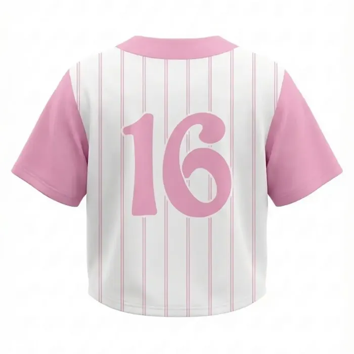 Back view of tonton pink pinstripe baseball crop jersey featuring customizable number 16.