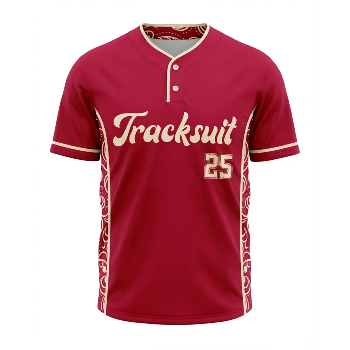 Front view of tonton maroon custom baseball jersey with "Tracksuit" script and leopard print trim.