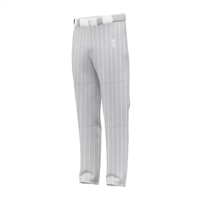 Front view of tonton silver grey pinstripe baseball pants with white vertical stripes and custom fit.
