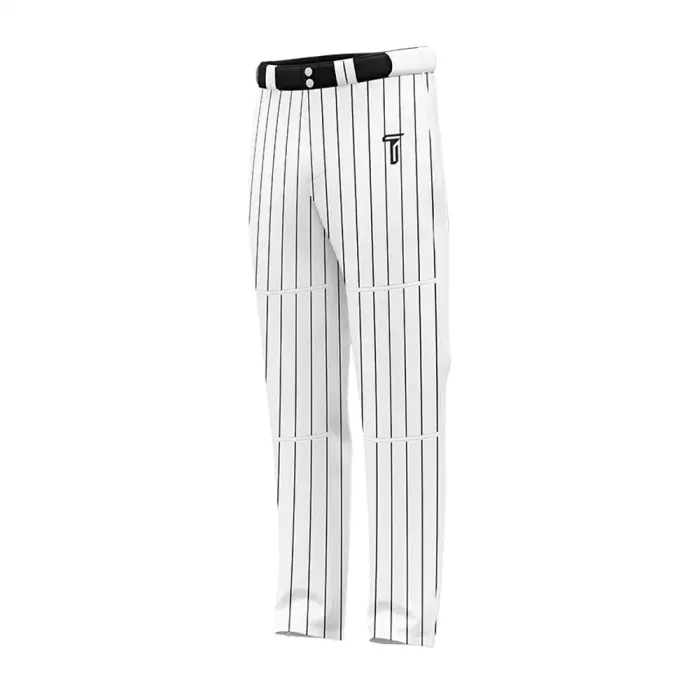 Front view of tonton white baseball pants with black vertical pinstripes and black waistband detail.