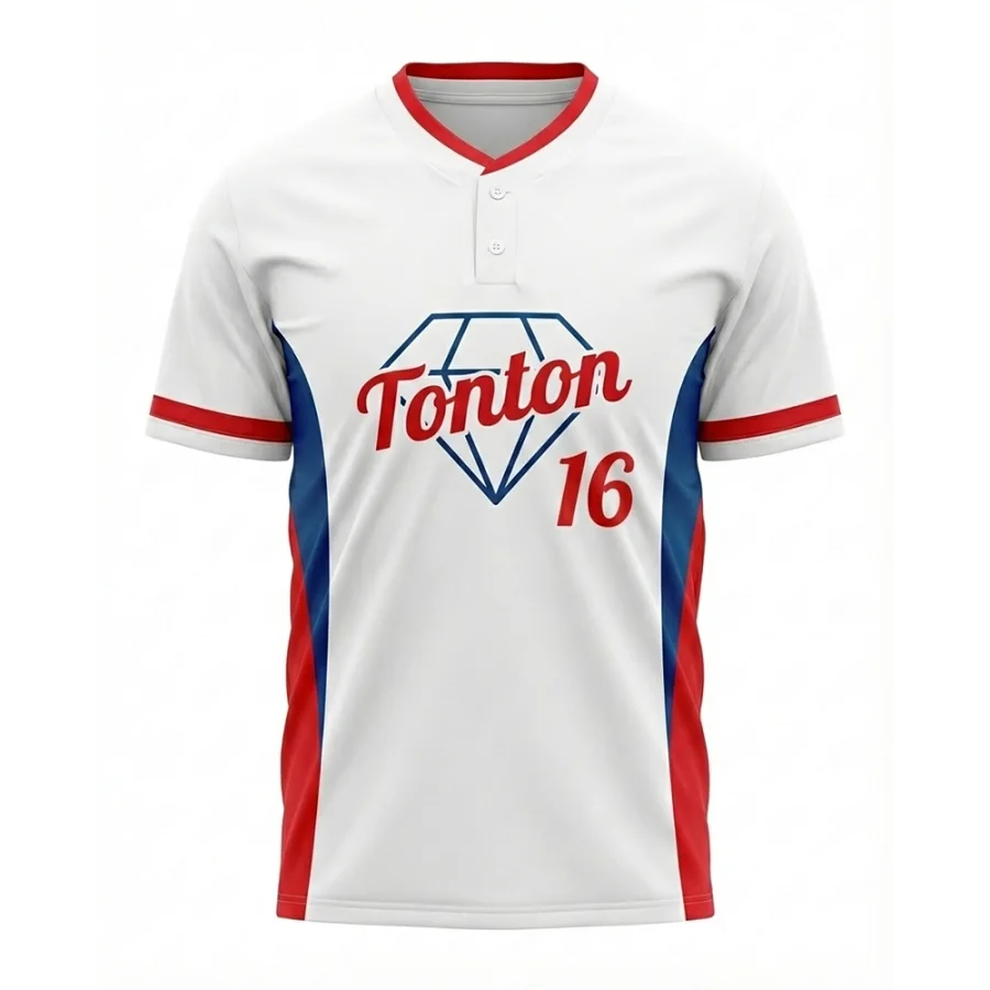Maglia da baseball professionale TONTON bianca con due bottoni, logo a diamante e dettagli laterali in contrasto blu scuro/rosso