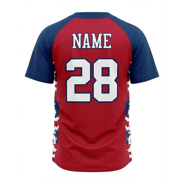 Back view of tonton red custom baseball jersey with navy sleeves and number 28.
