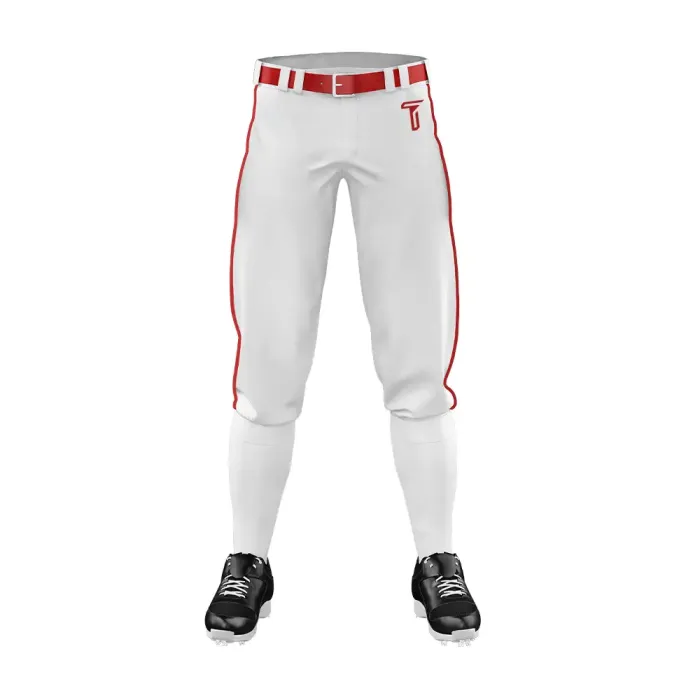 Front view of tonton white baseball knickers with red side piping, red belt, and white socks.
