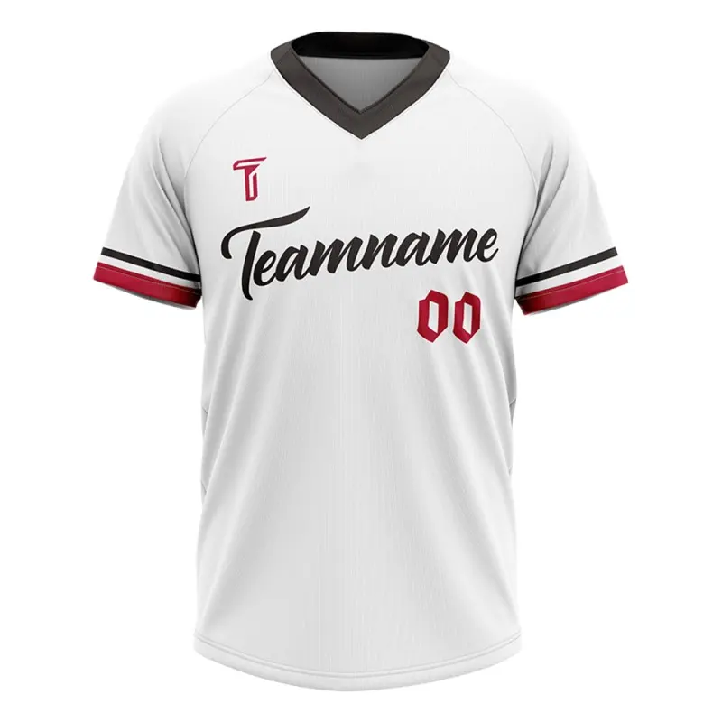 TONTON Classic-White-V-Ausschnitt-Baseball-T-Shirt mit sportlichen roten und schwarzen gestreiften Ärmelbündchen