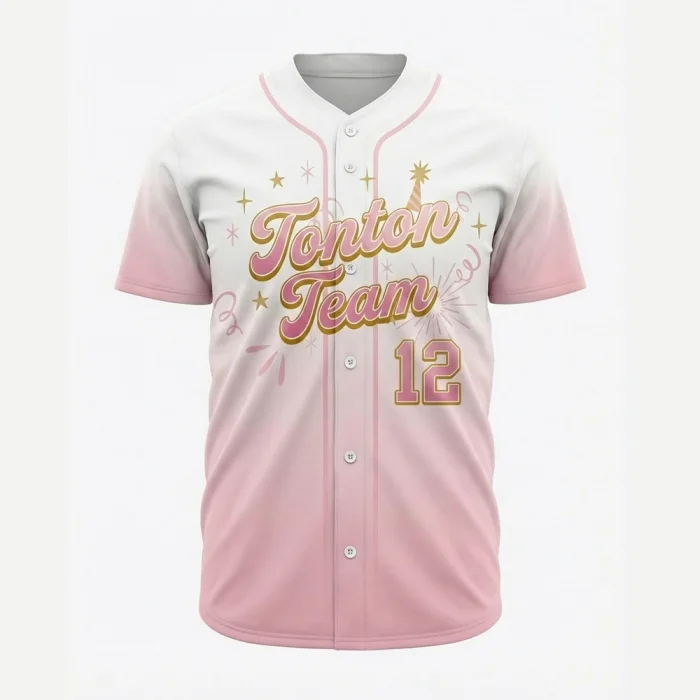 Front view of tonton white and pink gradient custom baseball jersey with floral "Tonton Team" graphics.