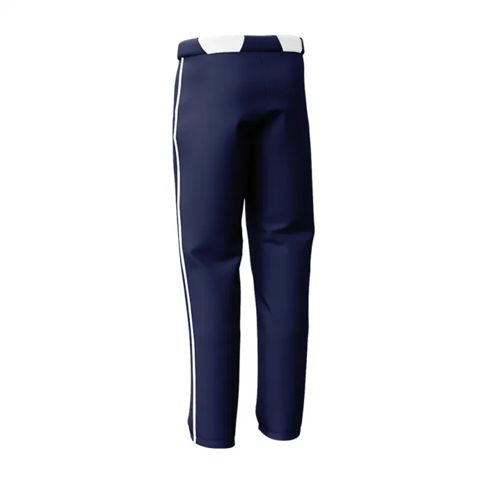 Back view of tonton black performance baseball pants with white athletic piping accents.