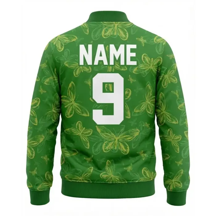 Back view of tonton custom green jacket with butterfly textures, name, and number 9.