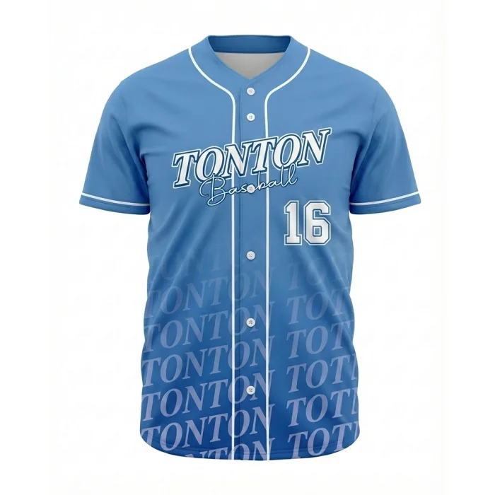 Tonton custom blue baseball jersey featuring repeating brand logo pattern and number 16.