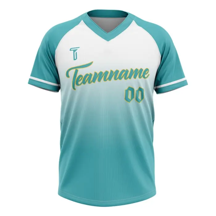 Front view of tonton teal and white gradient baseball practice jersey with comfortable V-neck collar.