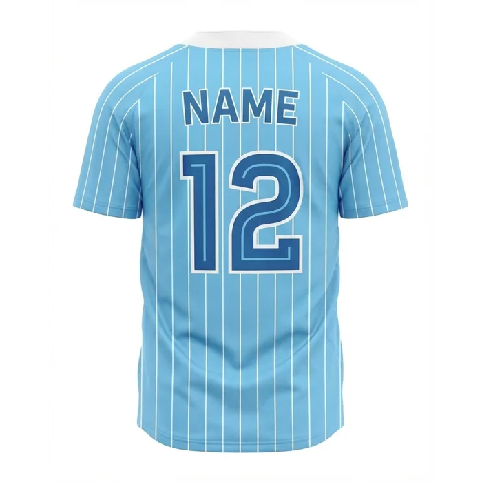 Back view of tonton custom sky blue pinstripe baseball jersey with name and number 12.