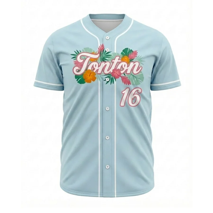 TONTON-tropisk blomstret hibiscus-baseballtrøje i pastelblåt – tilpasset sommerliga-udstyr