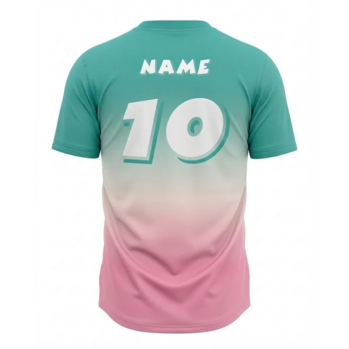 Back view of tonton teal to pink gradient baseball jersey with white name and number 10.