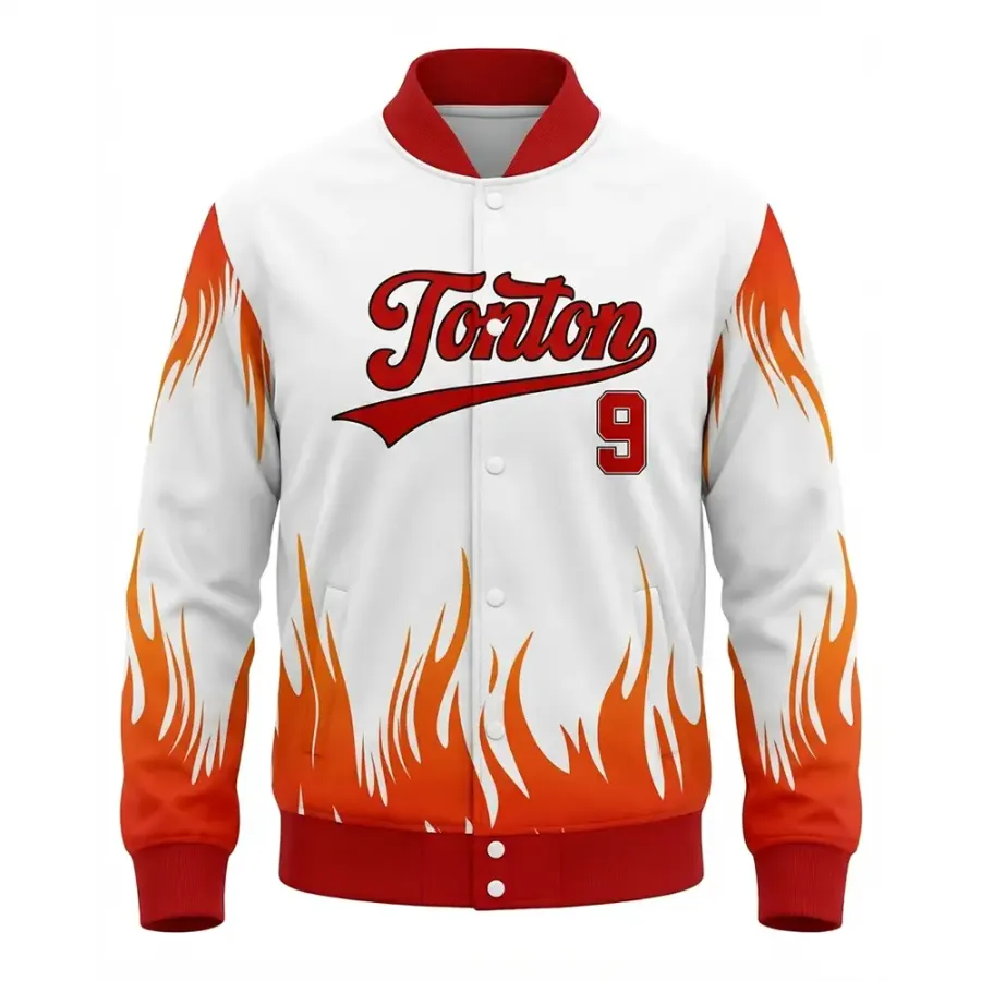 TONTON Bold Fire Flame-Grafik-University-Jacke – Weiße und rote dynamische Sublimations-Streetwear