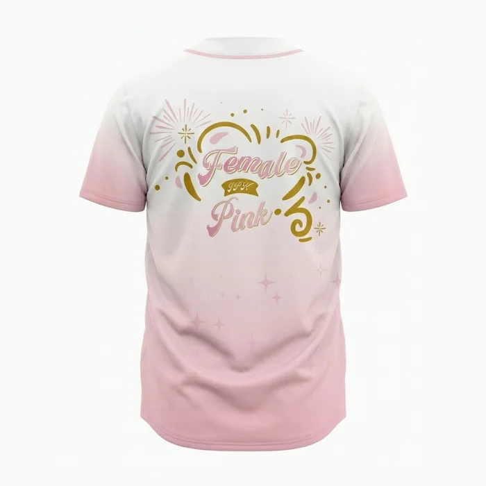 Back view of tonton pink gradient baseball jersey with "Fresh in Pink" artistic graphic design.