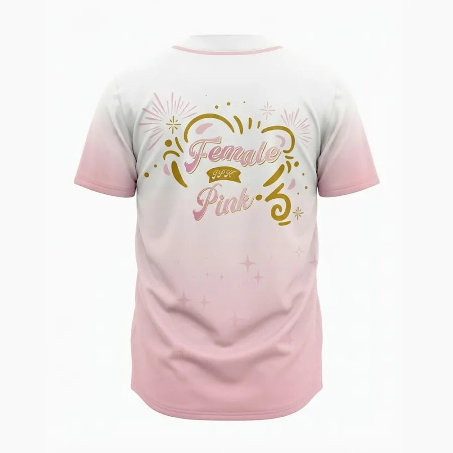 Back view of tonton pink gradient baseball jersey with "Fresh in Pink" artistic graphic design.