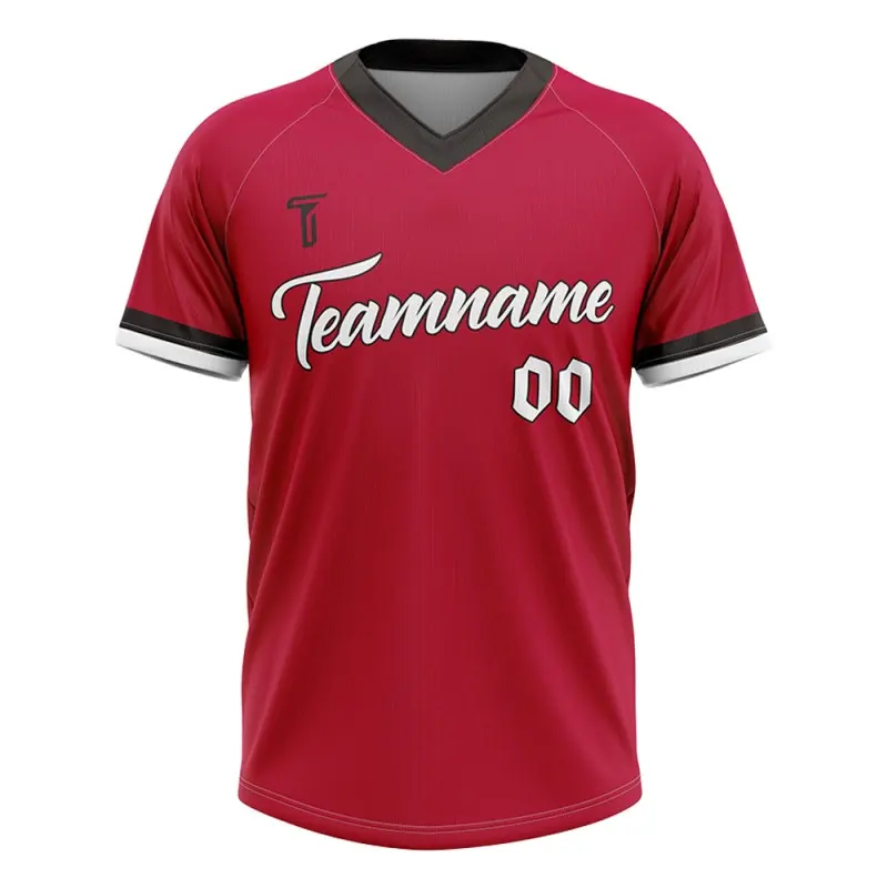 Maglietta da baseball Tonton Athletic rossa con maniche raglan e scollo a V contrastante grigio antracite