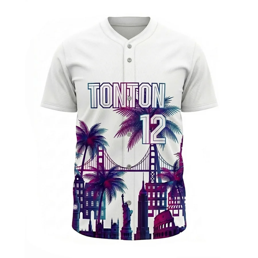TONTON Global Landmarks tilpasset baseballtrøje – urbant skyline-silhouette-design med tropiske palmeakcenter