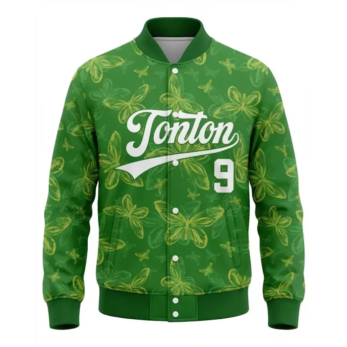 Front view of tonton green baseball jacket featuring a subtle yellow butterfly pattern and white logo.