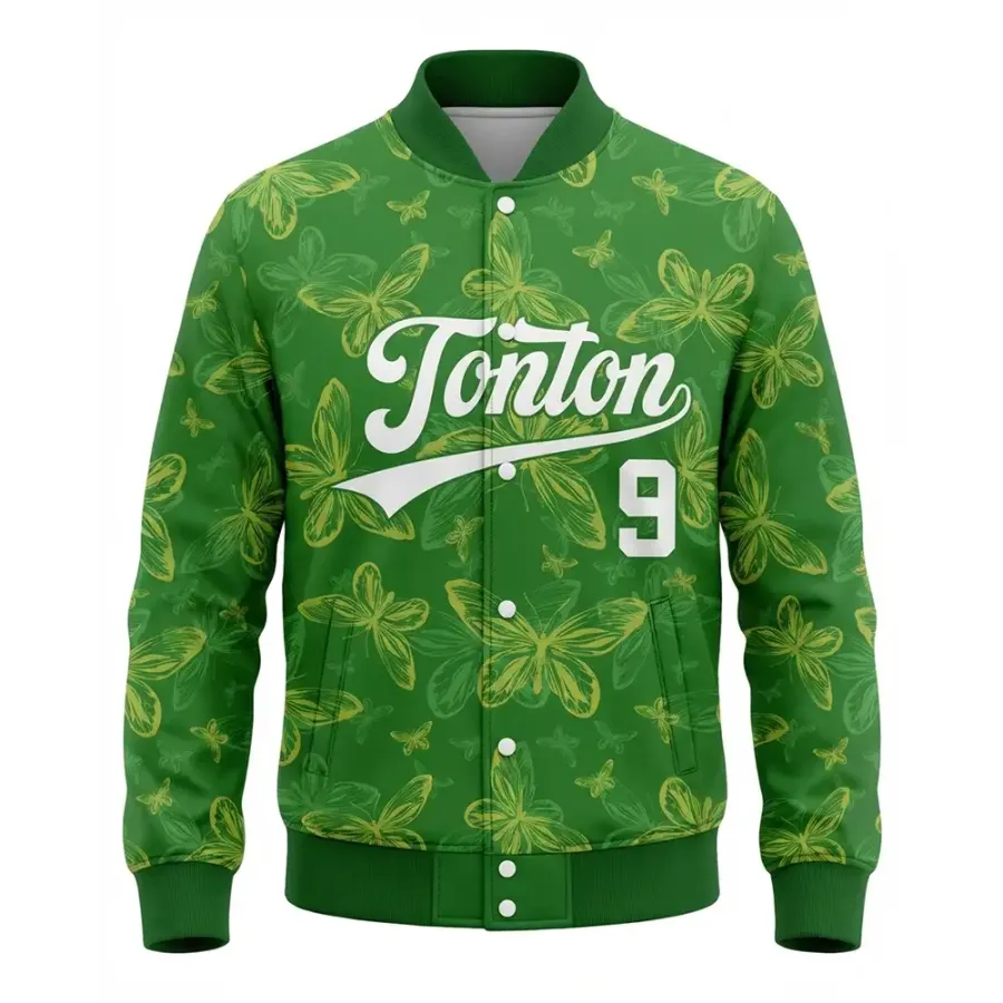 TONTON Naturinspirierte Baseballjacke mit Schmetterlingsmuster – individuelle grüne Sublimations-Teamkleidung