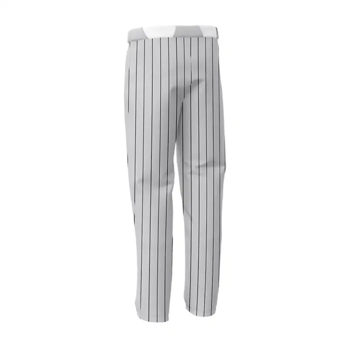 Back view of tonton grey and black pinstripe baseball pants with professional athletic fit.